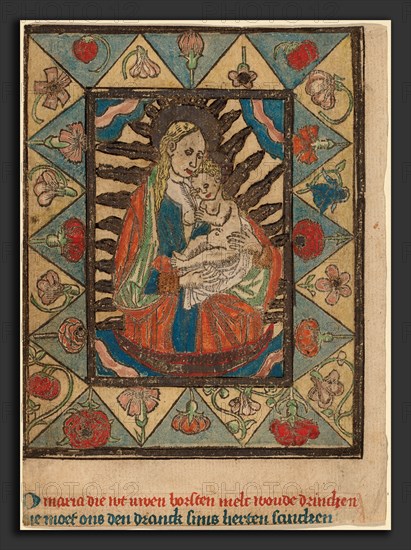 Netherlandish 15th Century, The Madonna and Child, c. 1500, woodcut,  hand-colored in light and dark blue, red, green, yellow, orange, lavender and gold
