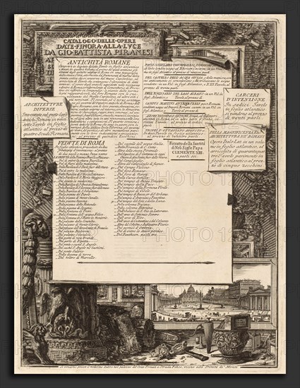 Giovanni Battista Piranesi and Francesco Piranesi (authors) (Italian, 1720 - 1778), Catalogo delle Opere Date Finora Alla Lvce Da Gio Battista Piranesi, etching and engraving on laid paper