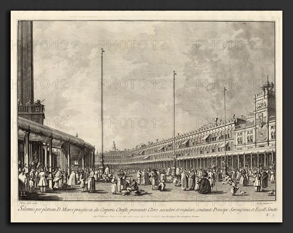 Giovanni Battista Brustolon after Canaletto (Italian, 1712 - 1796), Procession on Corpus Christi Day in the Piazza San Marco, 1763-1766, etching and engraving on laid paper