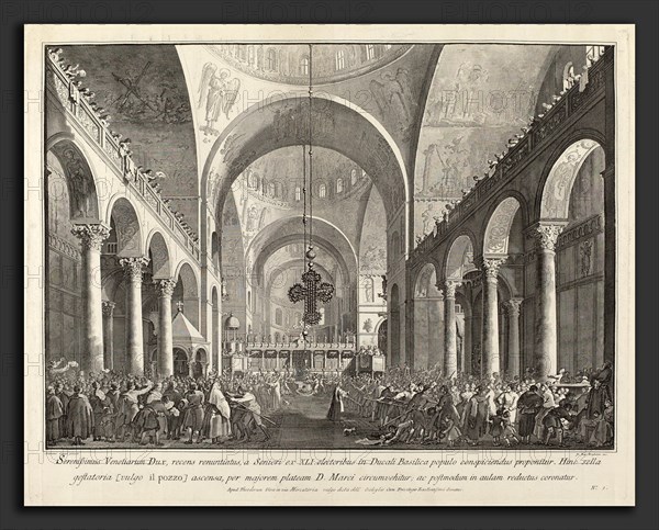 Giovanni Battista Brustolon after Canaletto (Italian, 1712 - 1796), The Newly Elected Doge Presented to the People in San Marco, 1763-1766, etching and engraving on laid paper