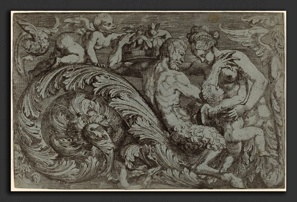 Angelo Falconetto (Italian, active c. 1555-1567), Decorative Panel with Mythological Figures, 1555-1565, etching and engraving on blue paper
