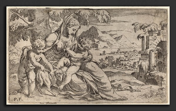 Orazio Farinati after Paolo Farinati (Italian, 1559 - after 1616), Madonna and Child with John the Baptist, 1590s, etching and engraving on laid paper