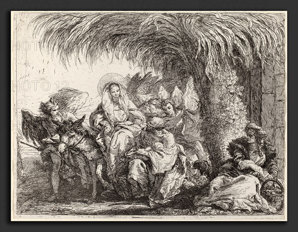 Giovanni Domenico Tiepolo (Italian, 1727 - 1804), Joseph Kneels with the Child before Mary on the Donkey, published 1753, etching
