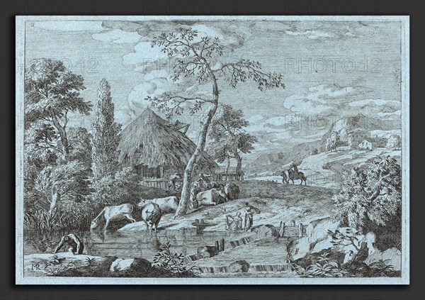 Marco Ricci (Italian, 1676 - 1729), Cattle and Figures at a Farmyard Stream, etching on blue laid paper