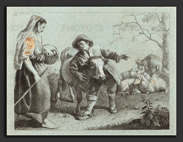Francesco Londonio (Italian, 1723 - 1783), Shepherd Pointing Out the Direction to a Shepherdess, 1762, etching heightened with white gouache on blue laid paper