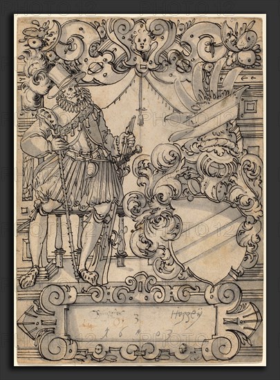 Hans Jegli II (Swiss, 1580 - 1643), A Donor with a Coat of Arms (Schildbegleiter und Wappenschild mit SchrÃ¤gbalken), 1603, pen and ink with wash