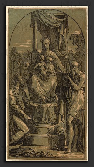 Anton Maria Zanetti after Parmigianino (Italian, 1679-1680 - 1767), Madonna and Child Enthroned, Saint Jerome and Saint Francis, chiaroscuro woodcut
