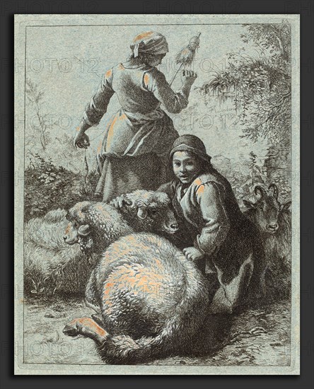Francesco Londonio (Italian, 1723 - 1783), Woman Spinner and a Shepherd with Flock, 1758-1759, etching heightened with white gouache on blue paper