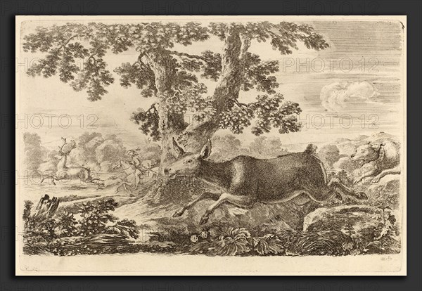 Stefano Della Bella (Italian, 1610 - 1664), Deer Chased by a Dog to the Right, etching on laid paper [restrike]