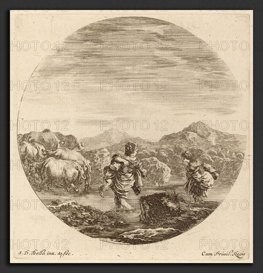 Stefano Della Bella (Italian, 1610 - 1664), Two Women Fording a Creek with a Herd of Cows, etching on laid paper [restrike]