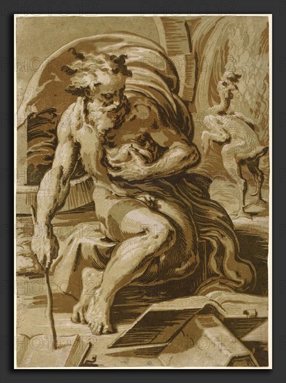 Ugo da Carpi after Parmigianino (Italian, c. 1480 - 1532), Diogenes, c. 1527, chiaroscuro woodcut printed from 4 blocks: brown line block and 3 tone blocks in brown and green on laid paper