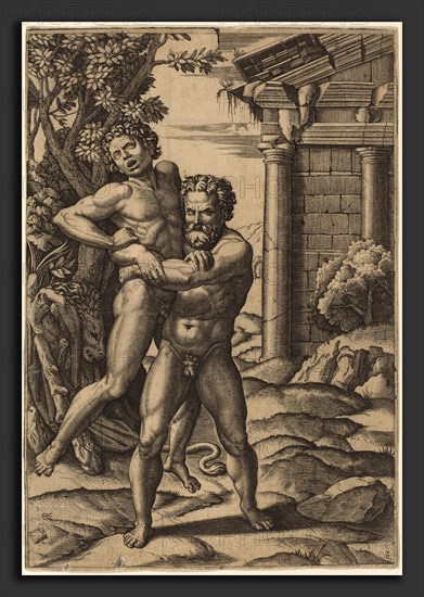 Marcantonio Raimondi after Raphael (Italian, c. 1480 - c. 1534), Hercules and Antaeus, after 1520, engraving