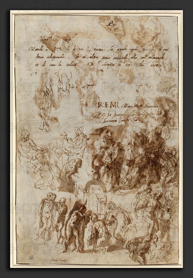 Veronese (Italian, 1528 - 1588), Studies for the Raising of Lazarus and Other Compositions, c. 1582, pen and brown ink and wash on laid paper