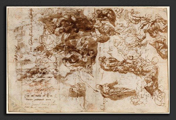 Veronese (Italian, 1528 - 1588), Studies for Judith and Holofernes, David and Goliath, and Other Compositions [recto], c. 1582, pen and brown ink with brown wash on laid paper