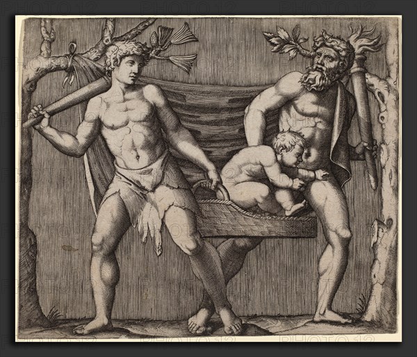 Marcantonio Raimondi (Italian, c. 1480 - c. 1534), Two Fauns Carrying a Child, engraving
