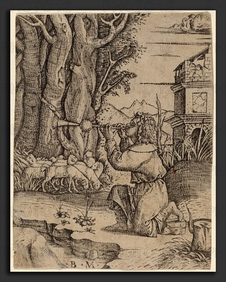 Benedetto Montagna (Italian, c. 1480 - 1555 or 1558), Shepherd with a Platerspiel, c. 1500-1515, engraving