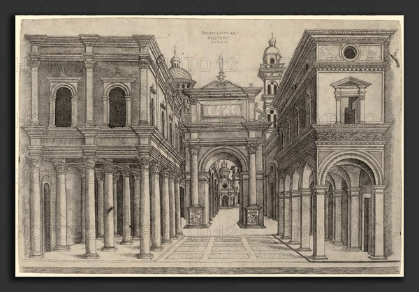 Attributed to Zoan Andrea after Donato Bramante (Italian, active c. 1475-1519), A Street with Various Buildings, Colonnades and an Arch, c. 1500-1510, engraving