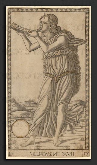 Master of the E-Series Tarocchi (Italian, active c. 1465), Melpomene, c. 1465, engraving with traces of gilding