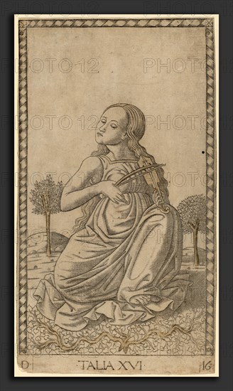 Master of the E-Series Tarocchi (Italian, active c. 1465), Talia (Thalia), c. 1465, engraving with traces of gilding