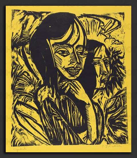 Ernst Ludwig Kirchner, Girls from Fehmarn (Fehmarn MÃ¤dchen), German, 1880 - 1938, 1913, woodcut in black on yellow paper