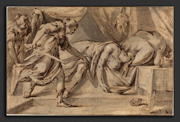Hans von Aachen (German, 1552 - 1615), Judith and Holofernes, pen and brown ink  with brown and gray wash on laid paper; laid down