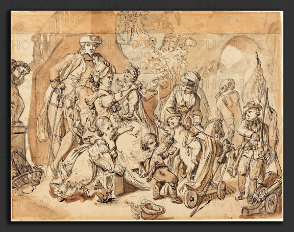 Johann Eleazar Schenau (German, 1737 - 1806), The Happy Family with Children Playing, pen and black ink with brown and gray washes over graphite on two joined sheets of laid paper