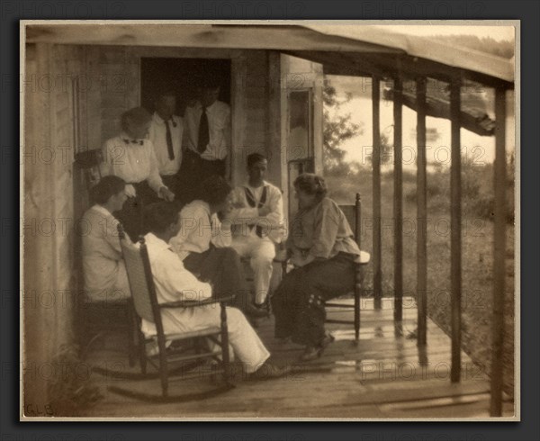 Gertrude L. Brown, A Good Story, American, c. 1870 - 1934, 1913, platinum print mounted on gray wove paper