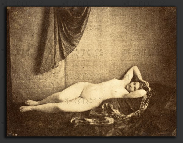 Julien Vallou de Villeneuve (French, 1795 - 1866), Etude d'apres Nature [nude study], 1854, salted paper print from waxed paper negative mounted on blue paper