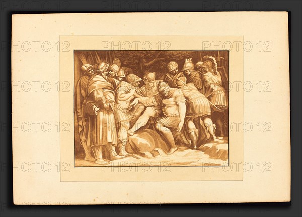 Johann Gottlieb Prestel after Polidoro da Caravaggio (German, 1739 - 1808), Dying Epaminondas, 1782, aquatint in dark, medium, and light brown