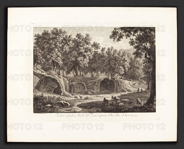 Albert Christoph Dies (Austrian, 1755 - 1822), Ruderi essistenti a Tivoli del Piano inferiore della villa di Cassio, 1798, etching on laid paper