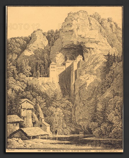 Karl Friedrich Schinkel (German, 1781 - 1841), Das Schloss Prediama in Crein XII Stund: von Triest (Predjama Castle in Carniola, Twelve Hours from Trieste), 1816, lithograph on golden paper