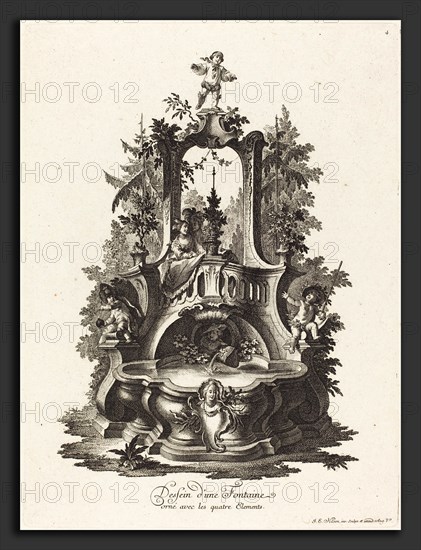 Johann Esaias Nilson (German, 1721 - 1788), Dessein d'une Fontaine orné avec les quatre Elements (Design for a Fountain Decorated with the Four Elements), c. 1755-1760, etching and engraving on laid paper
