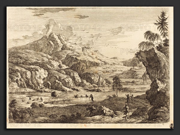 Georg Eisenmann (German, active last third 18th century), Mountainous Riverscape with Figures, etching