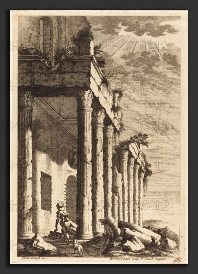 Bernhard Zaech after Jonas Umbach (German, active c. 1650), Travelers beside a Ruined Portico, c. 1650, etching on laid paper