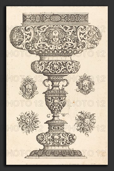 Georg Wechter I (German, c. 1526 - 1586), Goblet, rim decorated with masque and bouquet of fruit, published 1579, engraving