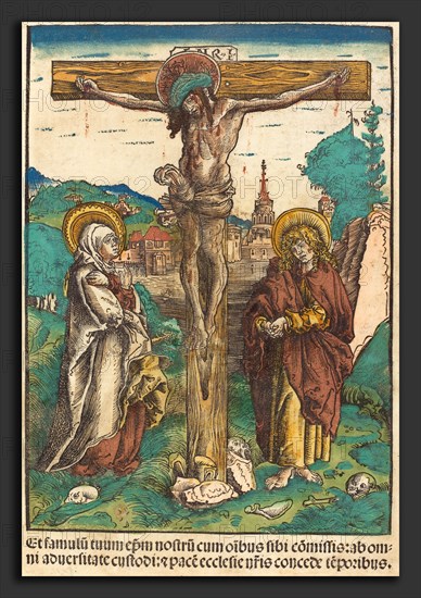 Lucas Cranach the Elder (German, 1472 - 1553), Christ on the Cross Between the Virgin and Saint John, c. 1502, hand-colored woodcut on vellum