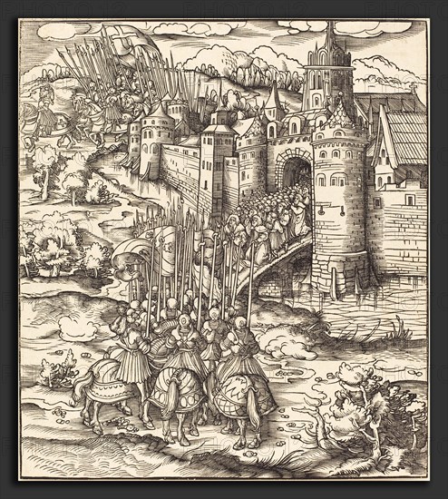 Leonhard Beck (German, c. 1480 - 1542), Various Men Kneeling on a Bridge in front of a Town, 1514-1516, woodcut