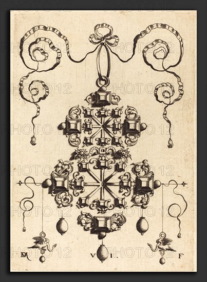 Daniel Mignot (German, active 1593-1596), Large Pendant with Two Double Crosses, Surrounded by Six Large and Sixteen Small Table-Stones, engraving