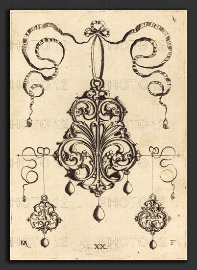 Daniel Mignot (German, active 1593-1596), One Large and Two Smaller Strapwork Pendants, engraving