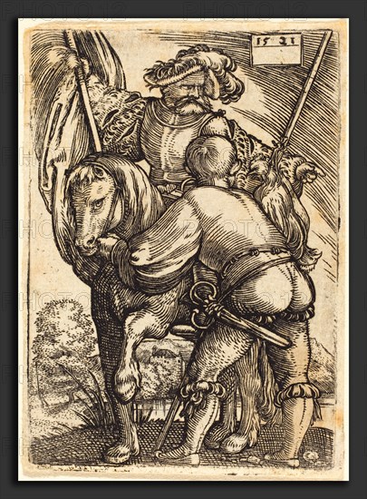 Barthel Beham (German, 1502 - 1540), Riding Standard Bearer and Foot-Soldier, 1521, engraving