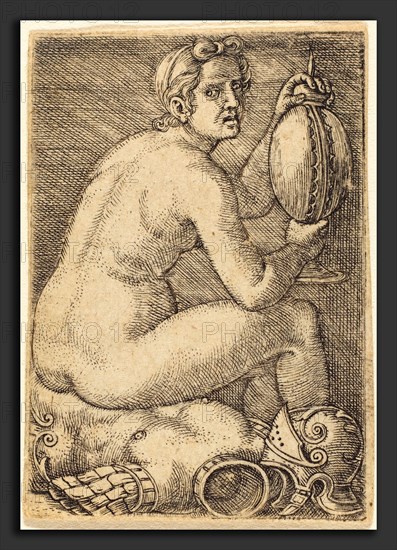 Barthel Beham (German, 1502 - 1540), Naked Woman on an Armor (Prudentia?), engraving