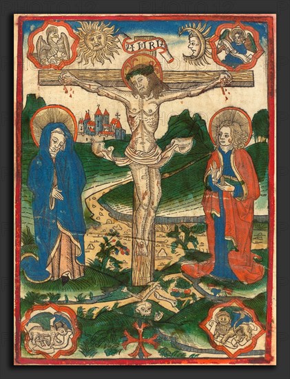 German 15th Century, Christ on the Cross, 1480-1500, woodcut, hand-colored in green, blue, vermilion, rose, pale orange, and red on vellum