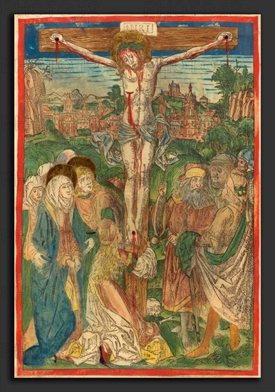 Attributed to Michael Wolgemut (German, 1434 - 1519), The Crucifixion with Saint Mary Magdalene, c. 1490, hand-colored woodcut on vellum