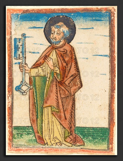 German 15th Century, Saint Peter, 1480-1490, woodcut, hand-colored in orange-red lake, green, yellow, blue, gold, and orange