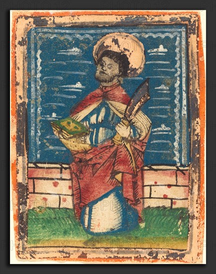 German 15th Century, Saint Bartholomew, 1480-1490, woodcut, hand-colored in blue, red lake, green, yellow, white, orange, and silver or gold