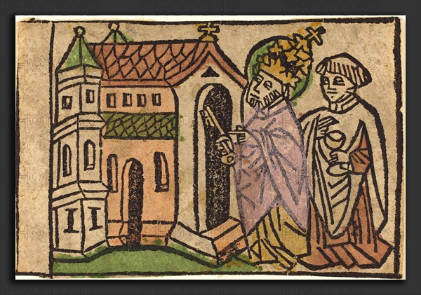 German 15th Century, Saint Peter as Founder of the Church, 1460-1470, woodcut, hand-colored in venetian red, green, yellow, lavender, and rose