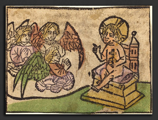 German 15th Century, Christ Child with Three Angels, c. 1460-1470, woodcut, hand-colored in green, venetian red, yellow, and lavender