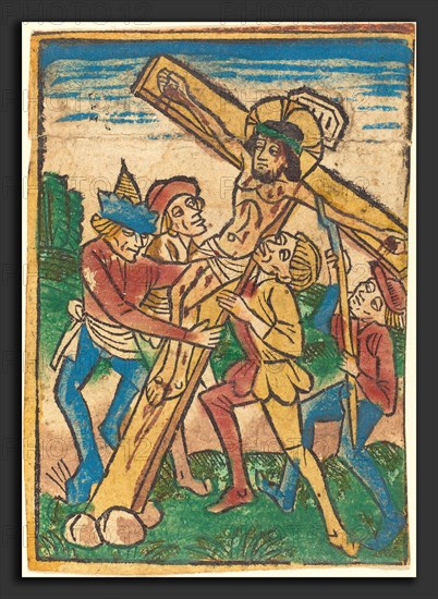 German 15th Century, Raising the Cross, c. 1490, hand-colored woodcut