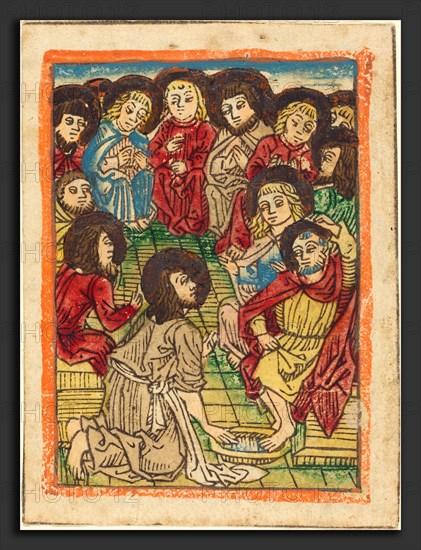 German 15th Century, Christ Washing the Apostles' Feet, c. 1480, woodcut in brown, hand-colored in red lake, blue, yellow, green, gray, gold, and orange