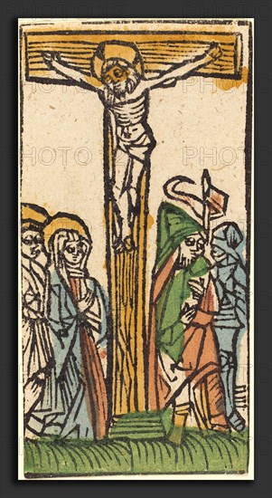 German 15th Century, The Crucifixion, c. 1500, woodcut, hand-colored in blue, green, yellow, and brown [fragment]